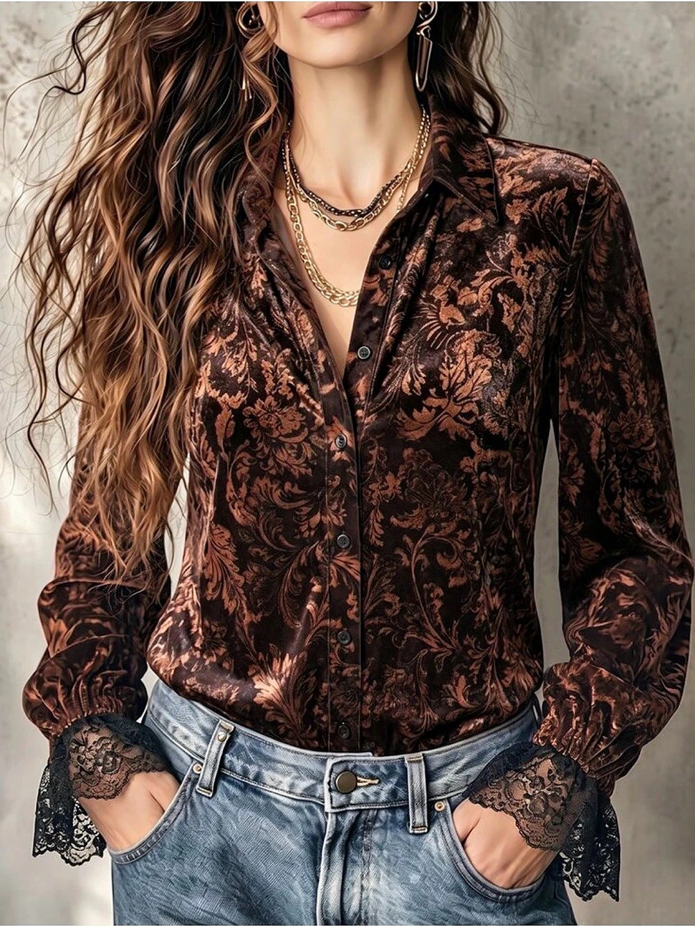 NWT Floral Button-Down Velvet Detail Blouse (Brown & Black)